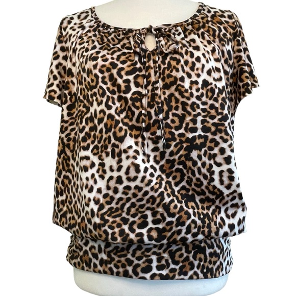 AB STUDIO JAGUAR ANIMAL PRINT TOP Size S Cream Black Brown - Picture 2 of 12